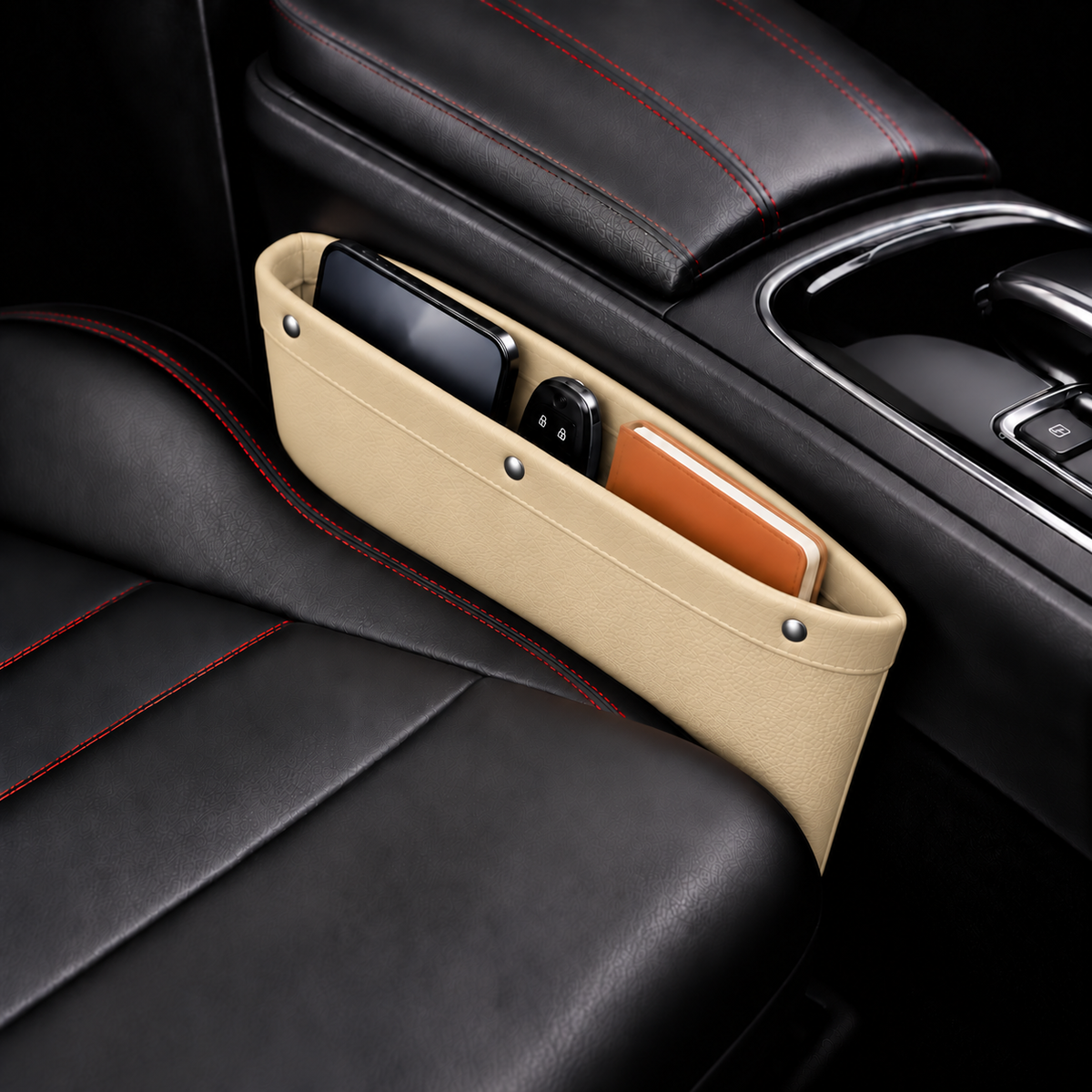 Car Seat Gap Organizer 2-Pack installed between the car seat and center console