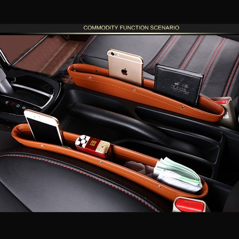 Car Seat Gap Organizer 2-Pack in Brown installed in car seat gap
