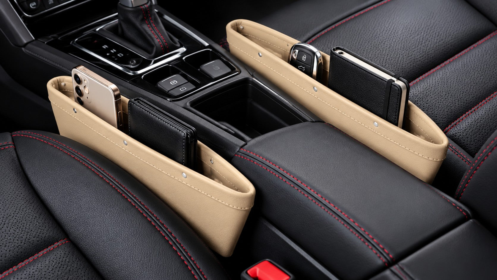Car Seat Gap Organizer 2-Pack in beige PU leather installed in a car seat gap, holding phone and keys